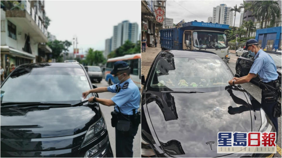 警方向大圍區內違例停泊車輛發出50張交通定額罰款告票。警方圖片