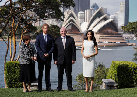 Britain's Prince Harry and wife Meghan, Duchess of Sussex pose with Australia's Governor General Peter Cosgrove and his wife Lynne Cosgrove at Admiralty House during their visit in Sydney, Australia October 16, 2018. REUTERS/Phil Noble/Pool