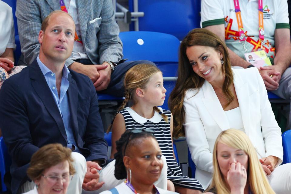 Prince William, Duke of Cambridge, Princess Charlotte and Catherine, Duchess of Cambridge watch the action on day five of the Birmingham 2022 Commonwealth Games