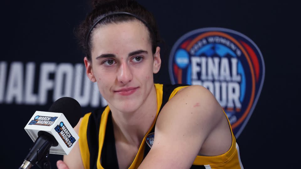 Caitlin Clark talks with the media after Iowa's loss to South Carolina in the 2024 NCAA Women's Basketball Tournament National Championship on April 7. - Steph Chambers/Getty Images North America/Getty Images