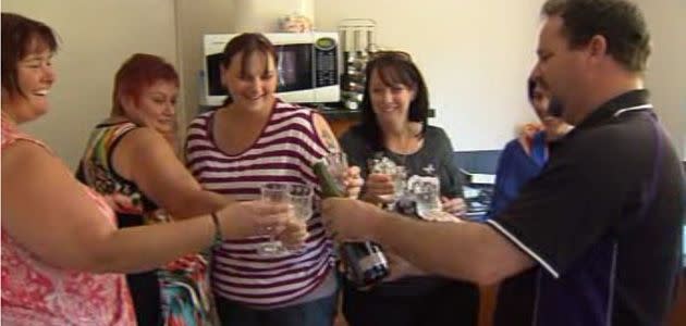 Emma L'Aiguille's family celebrate her release in Malaysia. Photo: 7News