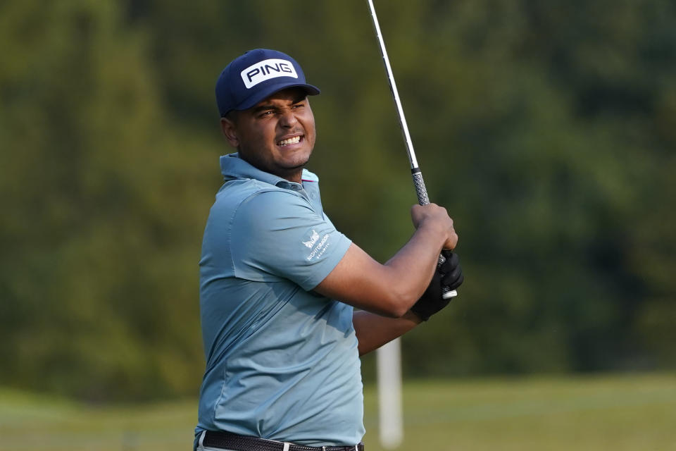 Defending champion Sebastian Munoz, of Colombia, reacts to his second shot on the 18th hole during the first round of the Sanderson Farms Championship golf tournament in Jackson, Miss., Thursday, Oct. 1, 2020. (AP Photo/Rogelio V. Solis)