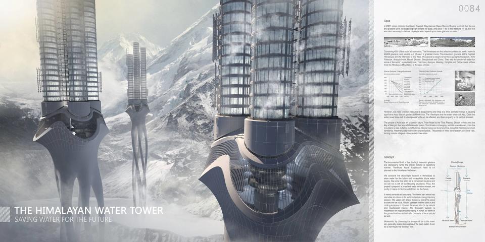 Revolutionary Himalaya Water Tower Designers Zhi Zheng, Hongchuan Zhao and Dongbai Song win first place in a skyscraper competition for their revolutionary water tower concept. Their proposal for the Himalaya Water Tower involves a skyscraper that sits high in the Himalaya Mountain range surrounded by fresh water. As glaciers within the region melt away due to climate change, the skyscraper collects, stores and distributes fresh water to residents in the villages far below. The skyscraper can also collect water during the rainy season and freeze it, which will not only provide water for current residents but will also store water for future generations. China - March 2012 Mandatory Credit: Images courtesy of www.evolo.us Supplied by WENN.com