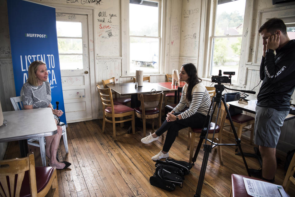 North Carolina state Sen. Terry Van Duyn is interviewed by HuffPost staffer Meredith Melnick during&nbsp;the visit to Asheville.