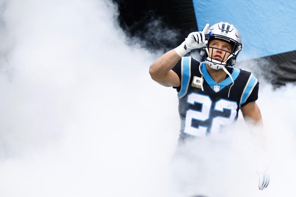 CHARLOTTE, NORTH CAROLINA - NOVEMBER 21: Christian McCaffrey #22 of the Carolina Panthers is introduced prior to the game against the Washington Football Team at Bank of America Stadium on November 21, 2021 in Charlotte, North Carolina. (Photo by Jared C. Tilton/Getty Images)