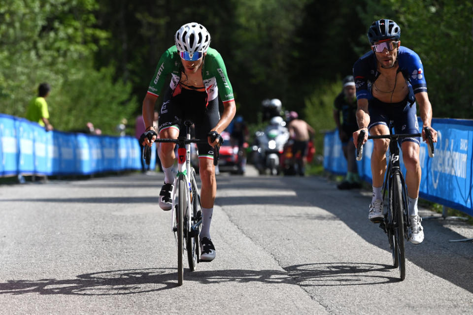 VAL DI ZOLDO  PALAFAVERA ITALY  MAY 25 LR Filippo Zana of Italy and Team Jayco AlUla and Thibaut Pinot of France and Team Groupama  FDJ compete in the breakaway during the 106th Giro dItalia 2023 Stage 18 a 161km stage from Oderzo to Val di Zoldo  Palafavera 1514m  UCIWT  on May 25 2023 in Val di Zoldo  Palafavera Italy Photo by Tim de WaeleGetty Images