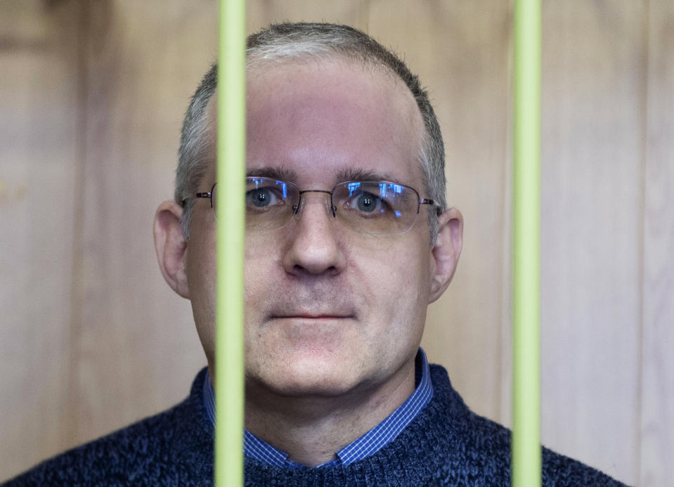 Paul Whelan, a former U.S. Marine, who was arrested in Moscow at the end of last year, attends a hearing in a court in Moscow, Russia, Friday, Feb. 22, 2019. A Moscow court has extended arrest for the American who was detained at the end of December for alleged spying. (AP Photo/Dmitry Serebryakov)