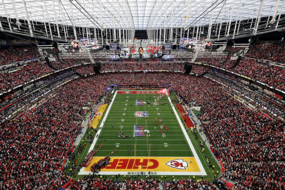 LAS VEGAS, NEVADA – FEBRUARY 11: A view inside Allegiant Stadium as the San Francisco 49ers run onto the field before Super Bowl LVIII against the Kansas City Chiefs on February 11, 2024 in Las Vegas, Nevada. (Photo by Rob Carr/Getty Images)