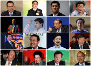 A combo picture shows (L-R) the top richest members of China's parliament and its advisory body, Victor Li of Cheung Kong, Lee Ka-Kit of Henderson Land, Pony Ma of Tencent, Zong Qinghou of Wahaha, Henry Cheng Kar-Shun of New World Development, Robin Li of Baidu, Lu Zhiqiang of Oceanwide, Xu Jiayin of Evergrande, Zhang Jindong of Suning, Peter Woo of Wheelock, Lei Jun of Xiaomi Technology, Zhang Shiping of Weiqiao Pioneering, Yang Guoqiang of Country Garden, Chen Lihua of Fu Wah International, Xu Rongmao of Shimao, Guo Guangchang of Fosun. REUTERS/Stringers