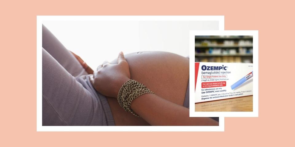 Pregnant woman holding belly/Ozempic close up
