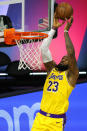 Los Angeles Lakers' LeBron James goes up for a shot against the Sacramento Kings during the second quarter of an NBA basketball game Thursday, Aug. 13, 2020, in Lake Buena Vista, Fla. (Kevin C. Cox/Pool Photo via AP)