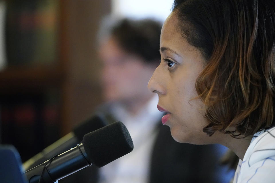 Rep. Zakiya Summers, D-Jackson, chairs a hearing hosted by the Jackson delegation of the Mississippi Legislature at the state Capitol in Jackson on Monday, March 6, 2023, in opposition to a bill that would create courts with elected rather than appointed judges and expand the jurisdiction of the state-run Capitol Police department inside the city of Jackson. (AP Photo/Rogelio V. Solis)