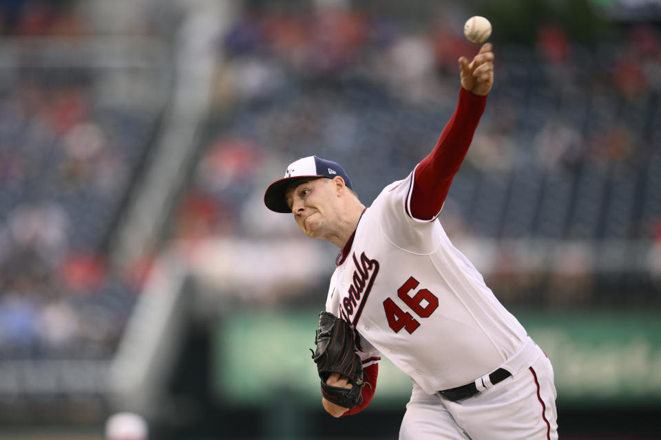 Washington Nationals starting pitcher Patrick Corbin throws during the first inning of the team's baseball game against the Philadelphia Phillies, Thursday, June 16, 2022, in Washington. (AP Photo/Nick Wass)