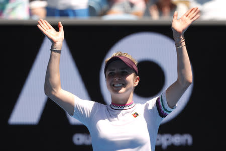 Tennis - Australian Open - Fourth Round - Melbourne Park, Melbourne, Australia, January 21, 2019. Ukraine's Elina Svitolina celebrates her win against Madison Keys of the U.S. REUTERS/Adnan Abidi