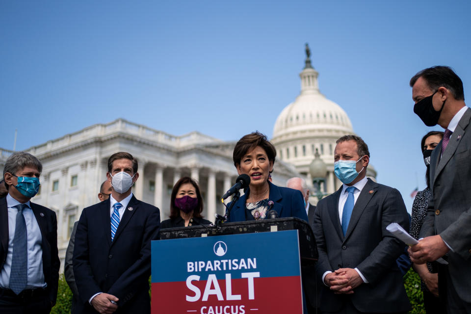 WASHINGTON, DC - APRIL 15: Rep. Young Kim (R-CA) a co-chair for the newly formed Bi-Partisan State and Local Taxes (SALT) Caucus speaks during a news conference outside the U.S. Capitol Building on Thursday, April 15, 2021 in Washington, DC.  (Kent Nishimura / Los Angeles Times via Getty Images)