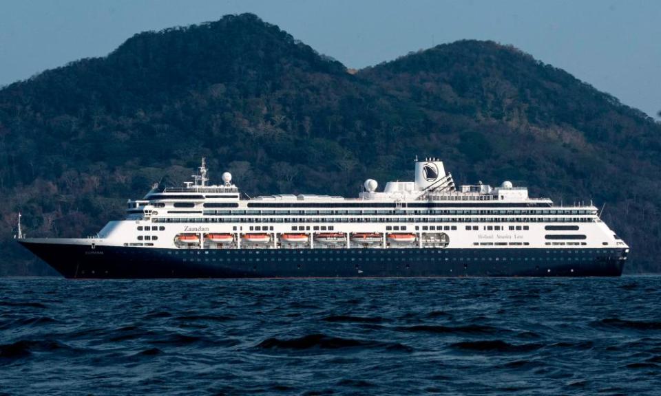 View of Holland America’s cruise ship Zaandam as it entered the Panama City bay. It’s being assisted by the Rotterdam cruise ship with supplies, personnel and COVID-19 testing devices, eight miles off the coast of Panama City.