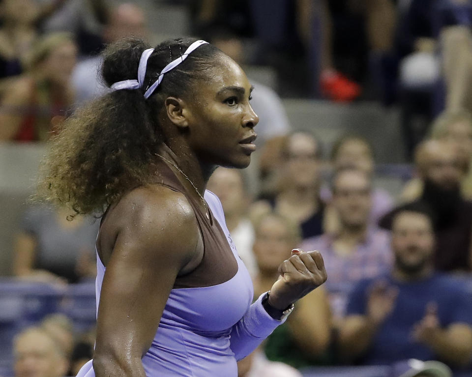 Serena Williams reacts after winning a point against Anastasija Sevastova, of Latvia, during the semifinals of the U.S. Open tennis tournament, Thursday, Sept. 6, 2018, in New York. (AP Photo/Seth Wenig)