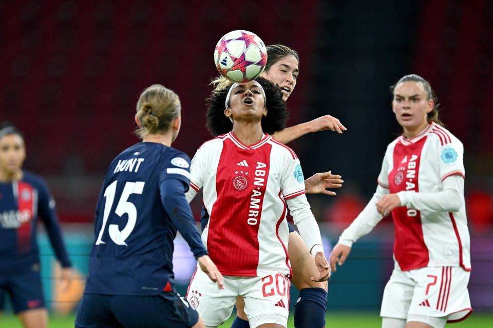 AMSTERDAM - (l-r) Lily Yohannes of Ajax, Korbin Albert of Paris Saint-Germain during the UEFA Women's Champions League Group C match between Ajax Amsterdam and Paris Saint Germain at the Johan Cruijff ArenA on November 15, 2023 in Amsterdam, Netherlands. ANP | Hollandse Hoogte | GERRIT VAN COLOGNE (Photo by ANP via Getty Images)