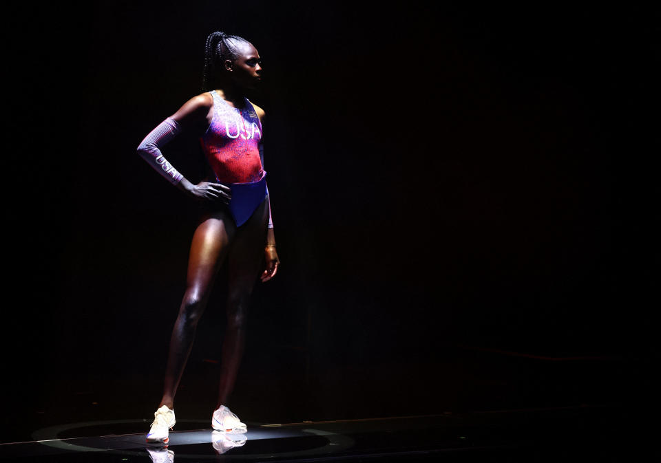 Athing Mu of the U.S. poses during the unveiling of Nike's Olympic gear for the Paris 2024 Games, on April 11, 2024.  / Credit: Stephanie Lecocq / REUTERS