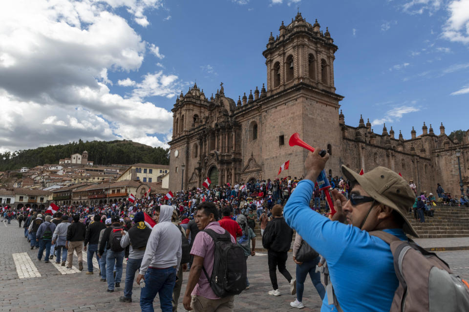 Mourners gather for the funeral procession of community and protest leader Remo Candia at Plaza de Armas del Cusco, January 12, 2023, in Cusco, Peru. Candia, who was a community leader from Anta, was killed on January 11 during clashes between police forces and protesters. / Credit: Michael Bednar/Getty