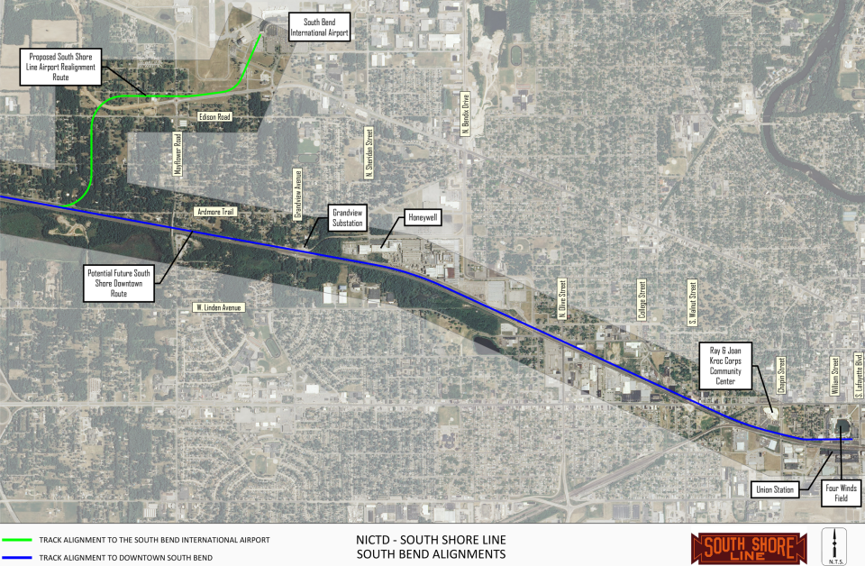 This map shows the proposed relocation of the South Shore line into the South Bend International Airport.