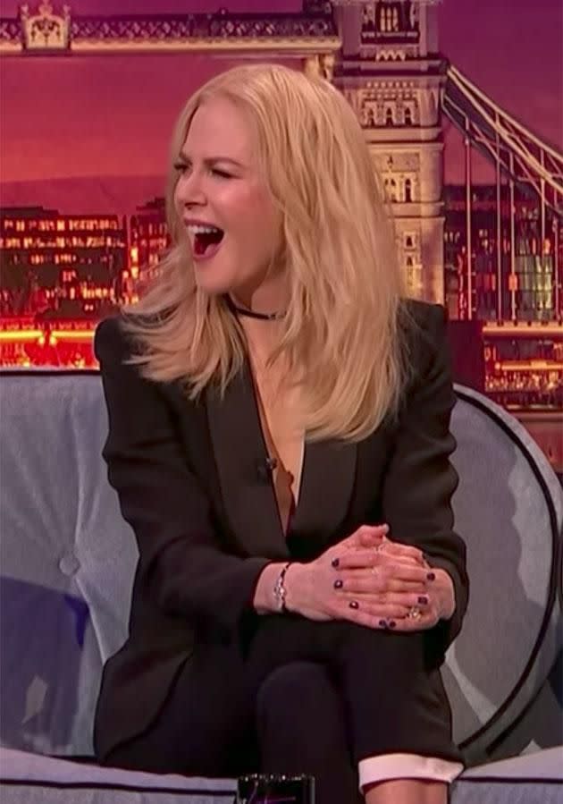 Nicole cannot relate to Kit's urinal tale. Source: The Late Late Show/CBS