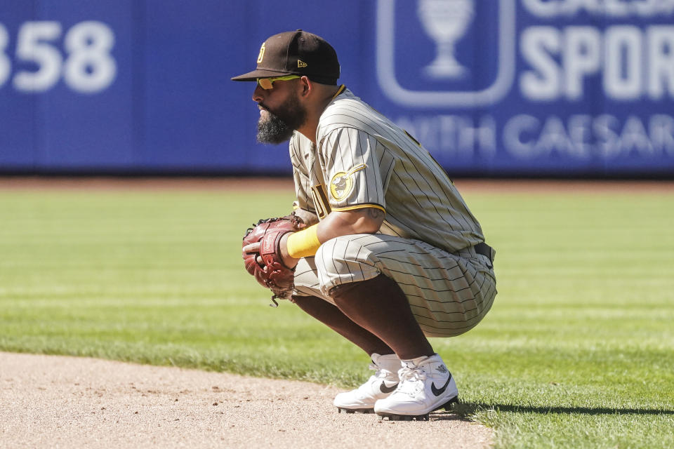 San Diego Padres second baseman Rougned Odor waits for play, during a baseball game against New York Mets, Wednesday, April 12, 2023, in New York. (AP Photo/Bebeto Matthews)