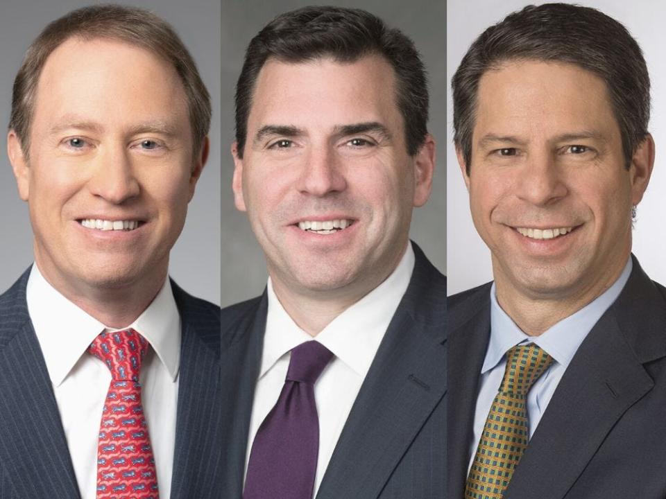 A photo compilation with corporate headshots of Ted Pick, Andy Saperstein, and Dan Simkowitz all wearing grey suits and ties.