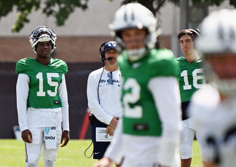 BYU offensive coordinator Aaron Roderick watches from the sidelines during practices in Provo on Tuesday, Aug. 8, 2023.