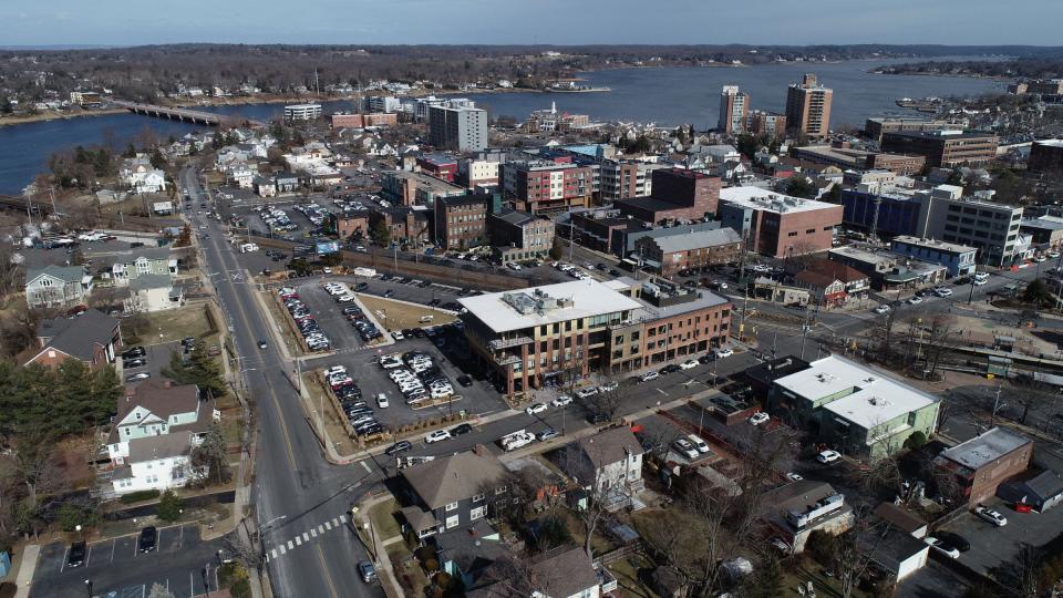 The two lane portion of Shrewsbury Avenue (left) heads north past the train station in Red Bank Thursday, February 17, 2022.