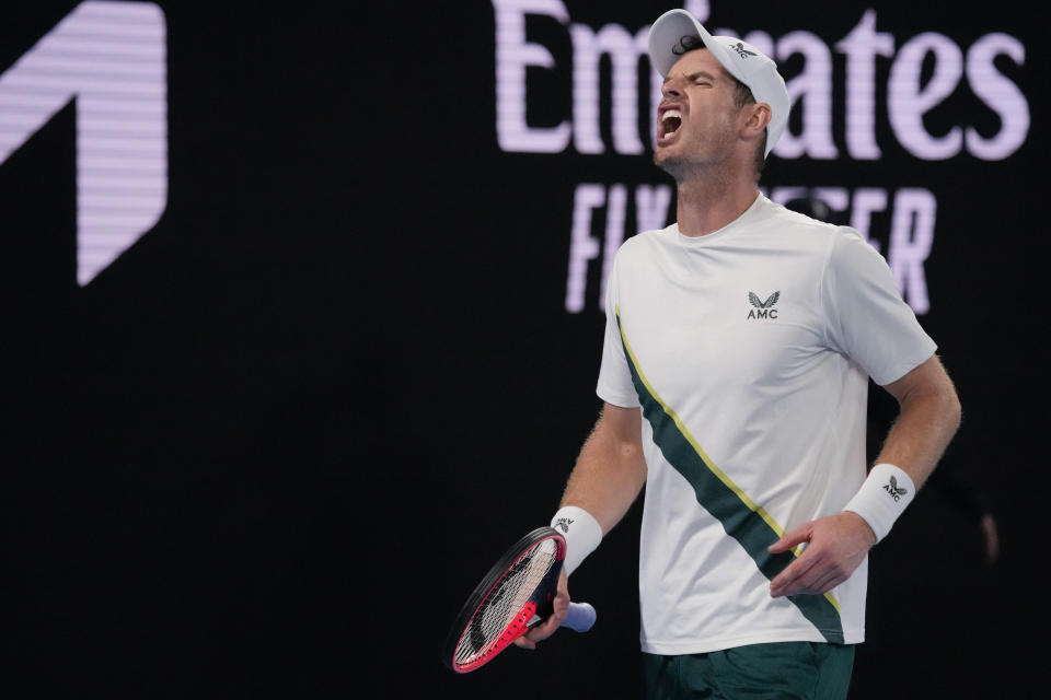 Andy Murray of Britain reacts during his first round match against Matteo Berrettini of Italy at the Australian Open tennis championship in Melbourne, Australia, Tuesday, Jan. 17, 2023. (AP Photo/Aaron Favila)