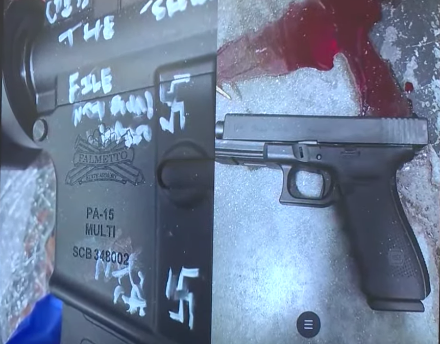 These are weapons, one with a swastika and other messages on it, are the ones Jacksonville Sheriff T.K. Waters said were used to kill three Black individuals at a Kings Road Dollar General in a hate crime on Aug. 26, 2023. The suspect, A Clay County man, then took his own life.