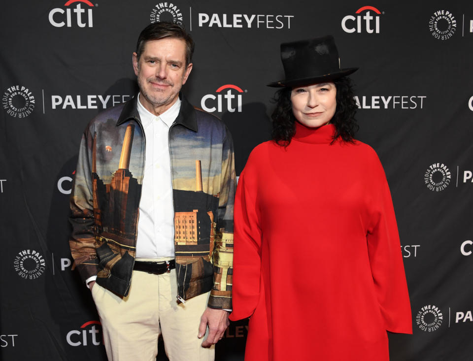 Creators Daniel Palladino and Amy Sherman-Palladino posing for photos ahead of the panel. (Jon Kopaloff / Getty Images)