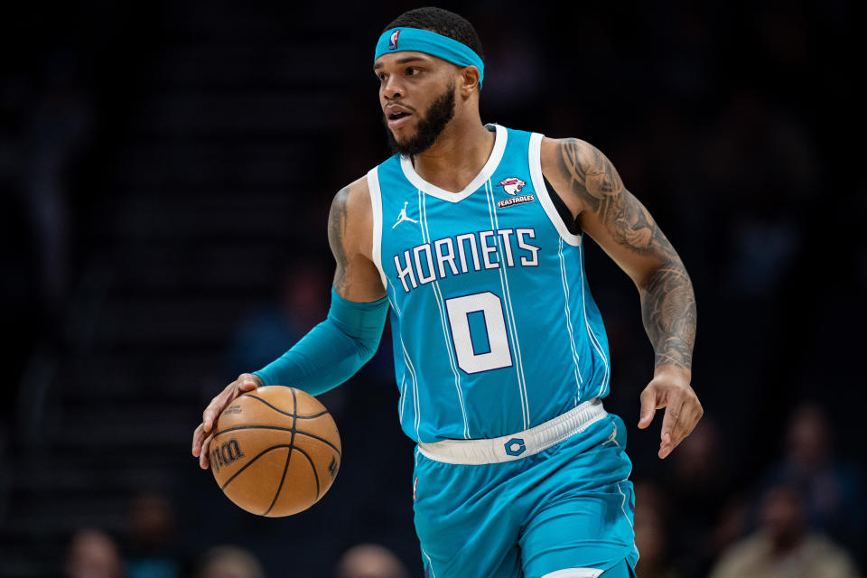 CHARLOTTE, NORTH CAROLINA - APRIL 05: Miles Bridges #0 of the Charlotte Hornets brings the ball up court against the Orlando Magic during their game at Spectrum Center on April 05, 2024 in Charlotte, North Carolina. NOTE TO USER: User expressly acknowledges and agrees that, by downloading and or using this photograph, User is consenting to the terms and conditions of the Getty Images License Agreement. (Photo by Jacob Kupferman/Getty Images)