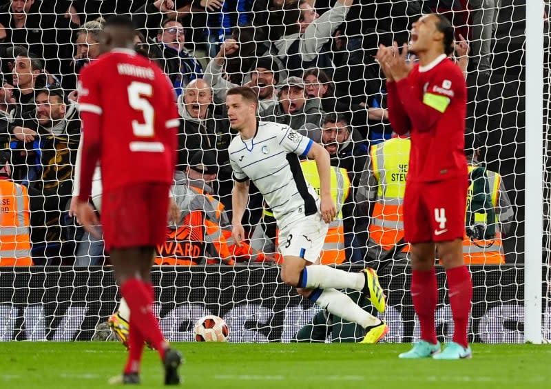 Atalanta's Mario Pasalic celebrates scoring his side's third goal of the game during the UEFA Europa League quarter-final first leg soccer match between Liverpool and Atalanta at Anfield. Peter Byrne/PA Wire/dpa