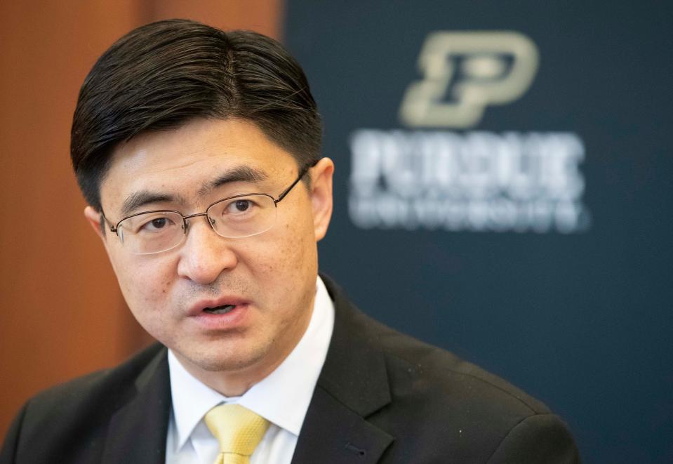 Purdue President Mung Chiang addresses the media ahead of the school year, Wednesday, Aug. 16, 2023, at Purdue University's Hovde Hall  in West Lafayette, Ind.