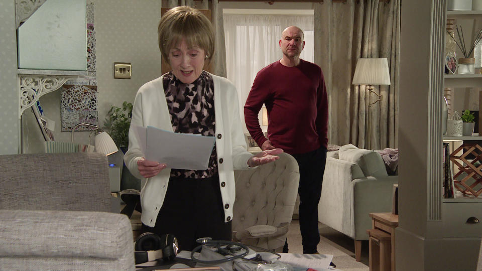 FROM ITV

STRICT EMBARGO - No Use Before 0700hrs Tuesday 8th February 2022

Coronation Street - Ep 10565

Wednesday 16th February 2022 - 2nd Ep

Elaine [PAULA WILCOX] checks Tim Metcalfeâ€™s [JOE DUTTINE] pulse again, only to find itâ€™s perfectly normal.  Timâ€™s relieved whilst a puzzled Elaine consults her course work. 


Picture contact - David.crook@itv.com

This photograph is (C) ITV Plc and can only be reproduced for editorial purposes directly in connection with the programme or event mentioned above, or ITV plc. Once made available by ITV plc Picture Desk, this photograph can be reproduced once only up until the transmission [TX] date and no reproduction fee will be charged. Any subsequent usage may incur a fee. This photograph must not be manipulated [excluding basic cropping] in a manner which alters the visual appearance of the person photographed deemed detrimental or inappropriate by ITV plc Picture Desk. This photograph must not be syndicated to any other company, publication or website, or permanently archived, without the express written permission of ITV Picture Desk. Full Terms and conditions are available on  www.itv.com/presscentre/itvpictures/terms
