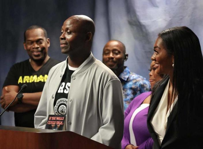 On Wednesday, April 27, 2022, Thomas James, who has spent 30 years in prison for murder, speaks to the media, surrounded by supporters, his attorney and family members, after his murder conviction was vacated by Judge Miguel M. de la O. James spoke at a short press conference at the State Attorney&#x002019;s Office.
