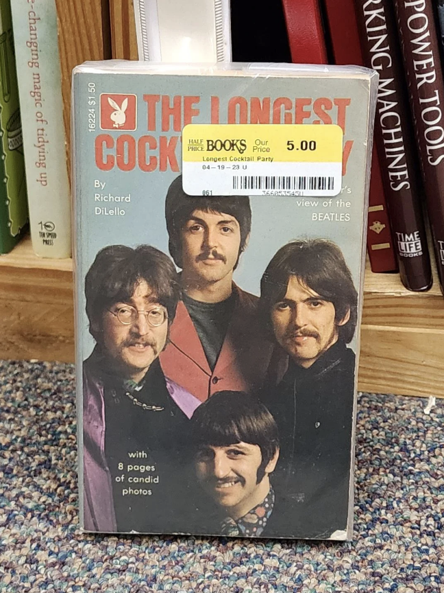 The image shows a book titled "The Longest Cocktail Party" by Richard DiLello. The cover features a view of the Beatles. The book is priced at $5.00