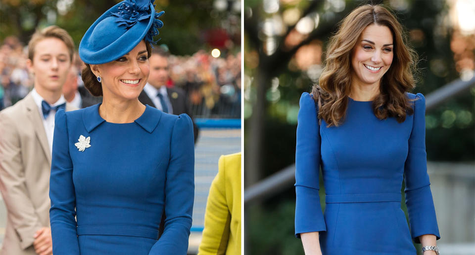 Kate’s Jenny Packham dress with a collar in Canada 2016 and without, at the Imperial War Museum in 2018 [Photos: Getty]