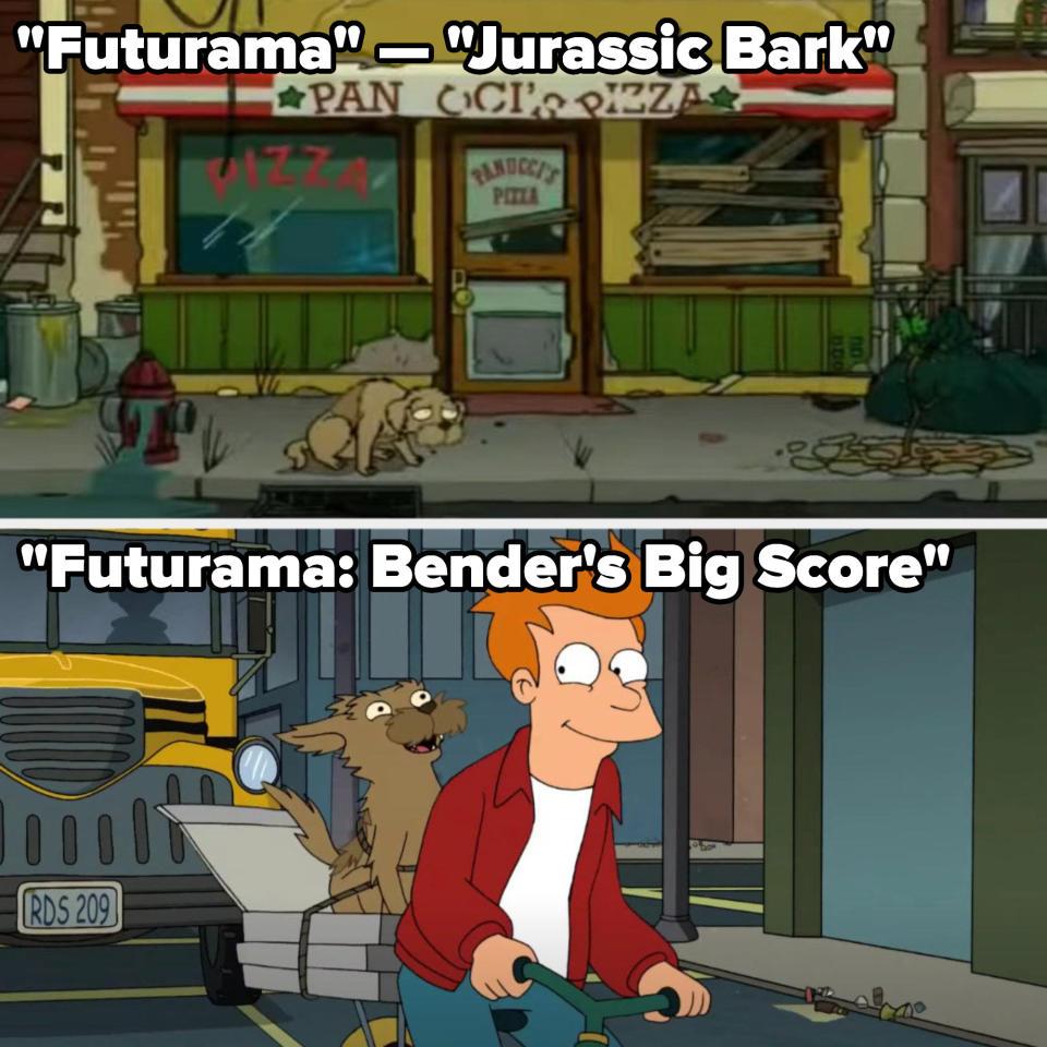 Seymour dying of old age in front of the pizza place in Futurama "Jurassic Bark," and him with Fry in Futurama: Bender's Big Score