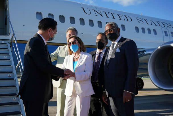 PHOTO: Taiwan's Foreign Minister Joseph Wu, left, speaks with U.S. House Speaker Nancy Pelosi as she prepares to leave in Taipei, Taiwan, Aug. 3, 2022. (Taiwan Ministry of Foreign Affairs via AP)