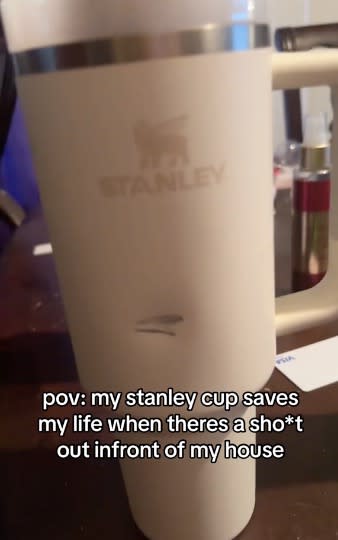 Rachel’s white Stanley cup saved her from being shot because the bullet bounced off the cup. TikTok/xo._ray