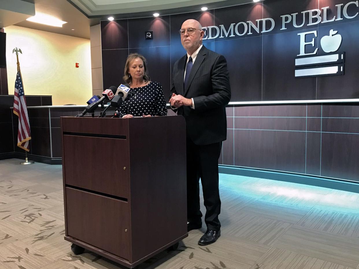 Edmond Public Schools Superintendent Angela Grunewald and the district's attorney, Andy Fugitt, hold a news conference Tuesday to announce a lawsuit against the Oklahoma State Board of Education.