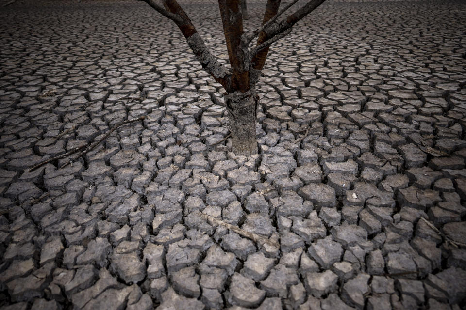 Cracked earth is photographed after the water level has dropped in the Sau reservoir, about 100 km (62 miles) north of Barcelona, Spain, Tuesday, April 18, 2023. Spain's prime minister warned fellow lawmakers Wednesday that the acute drought afflicting the country will become one of its leading long-term concerns. (AP Photo/Emilio Morenatti)