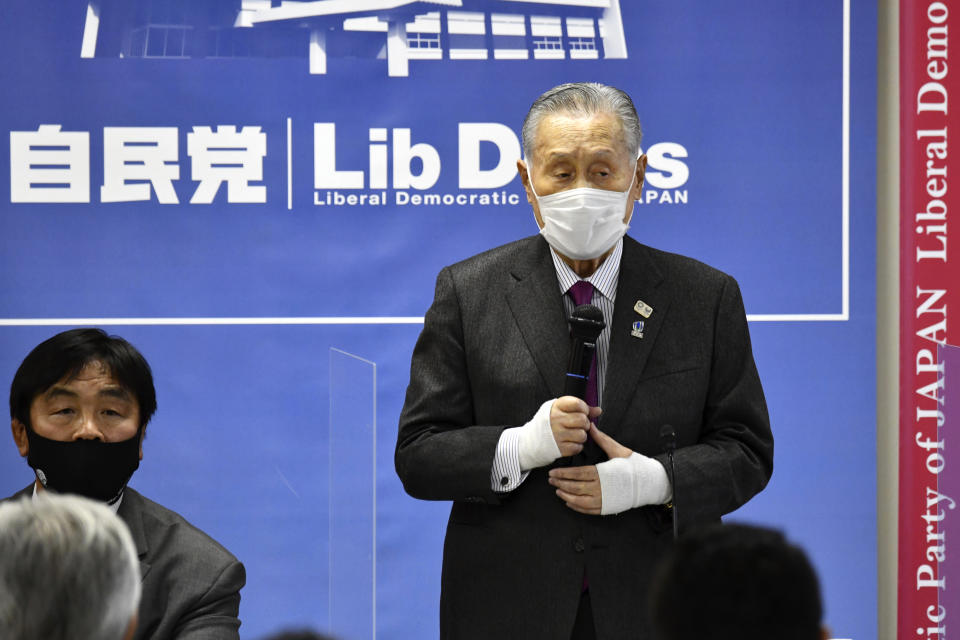 Tokyo Olympic and Paralympic Games Organising Committee President Yoshiro Mori delivers a speech at a beginning of a meeting on the preparation for the Tokyo Olympics and Paralympics at the Liberal Democratic Party (LDP) headquarters in Tokyo Tuesday, Feb. 2, 2021. (Kazuhiro Nogi/Pool Photo via AP)