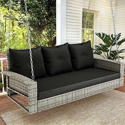 YITAHOME 3-Seats Wicker Hanging Porch Swing Chair Outdoor Gray Rattan Patio Swing Lounge 3 Back Cushions Capacity for Garden, Balcony, Living Room, Gray Rattan Black Cushion