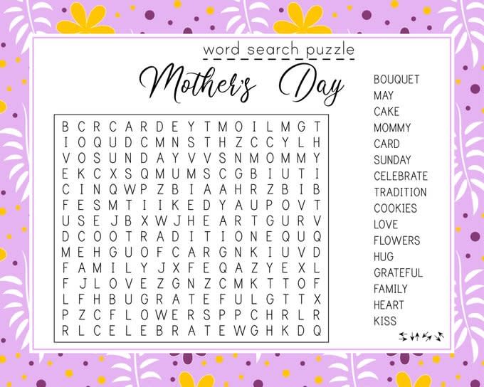 Mother's Day Word Search Puzzle. 
