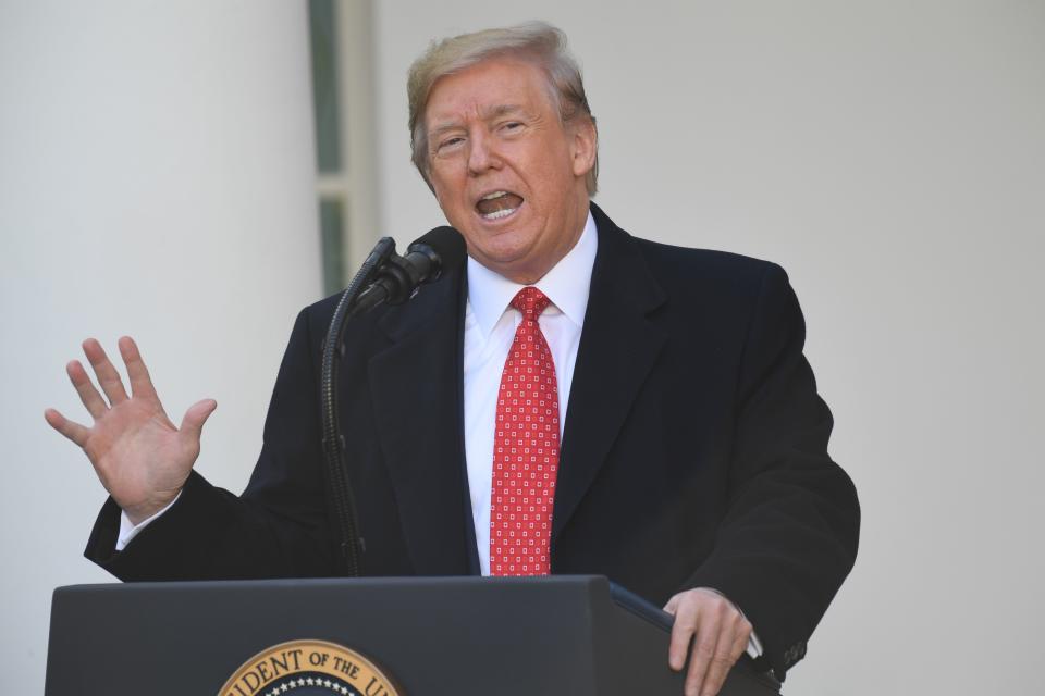 US President Donald Trump speaks before he pardons the National Thanksgiving Turkey during a ceremony in the Rose Garden of the White House in Washington, DC on November 26, 2019. (Photo by SAUL LOEB / AFP) (Photo by SAUL LOEB/AFP via Getty Images)