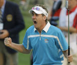 FILE - Europe's Ian Poulter reacts after his putt on the 18th hole during a four-ball match at the Ryder Cup golf tournament at the Valhalla Golf Club, in Louisville, Ky., in this Saturday, Sept. 20, 2008, file photo. (AP Photo/Chris O'Meara, File)